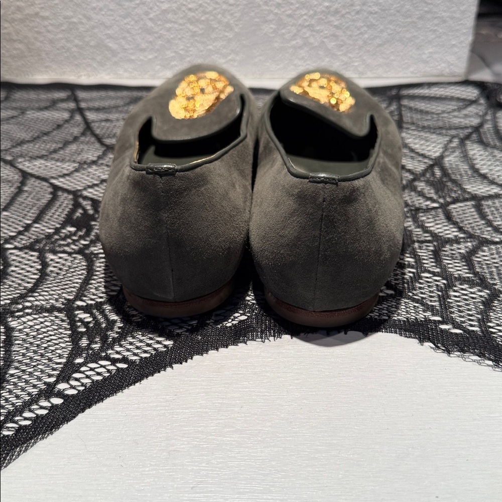 Alexander McQueen Olive Green Suede Loafers with Bronze Sequin Skull - Picture 6 of 10